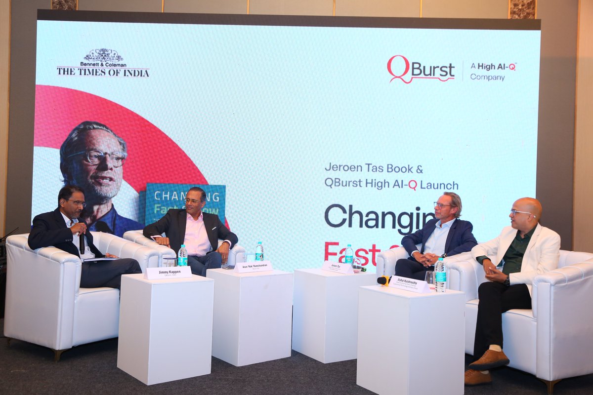QBurst's tweet image. We hosted the official launch of Changing Fast and Slow by Jeroen Tas at Four Points by Sheraton, Kochi. The event featured insightful discussions on business transformation, AI relevance, and industry trends with Jeroen Tas, Vishal Kulshrestha, and Arun ‘Rak’ Ramchandran.
