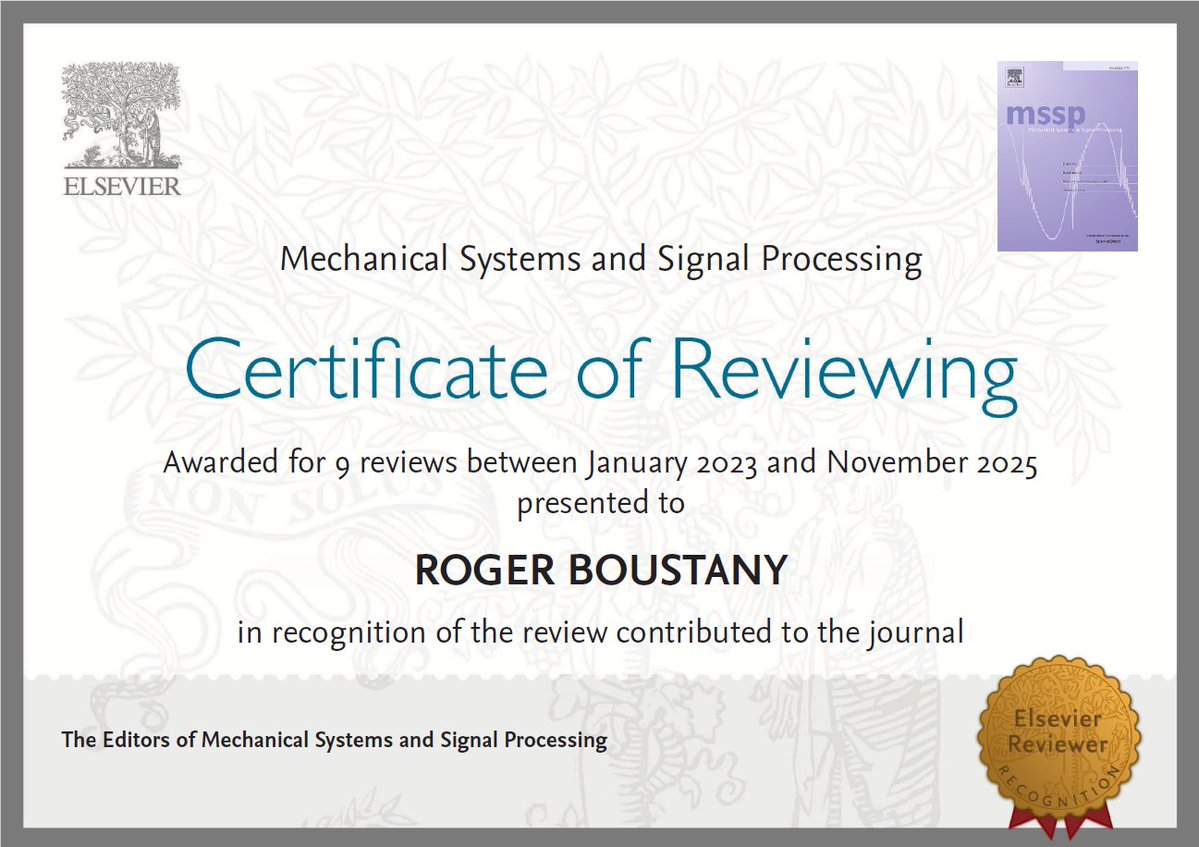 RogerBoustany's tweet image. Grateful for the chance to contribute: 9 reviews for MSSP across ~3 years. A personal reminder to keep reviews fair, constructive, and on time. #Research #SignalProcessing #AcademicTwitter #AcademicChatter #PeerReview