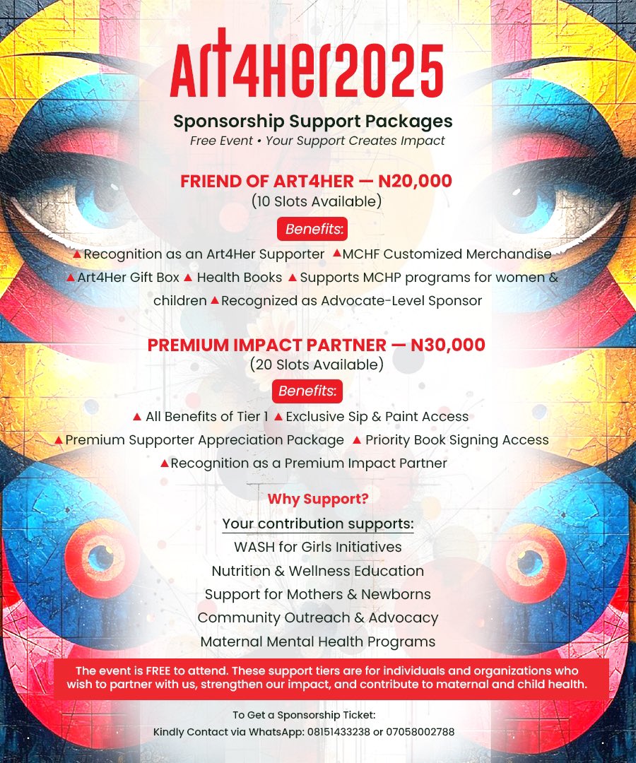 MCHProject's tweet image. If you’ve ever wanted to be part of something truly meaningful, this is your chance!🌟

We’re creating a space where art meets impact &amp;amp; advocacy—and you can help make it happen. 🎨✨

👉 🎟️ Get your sponsorship ticket here: 
wa.me/2348151433238
wa.me/2347058002788