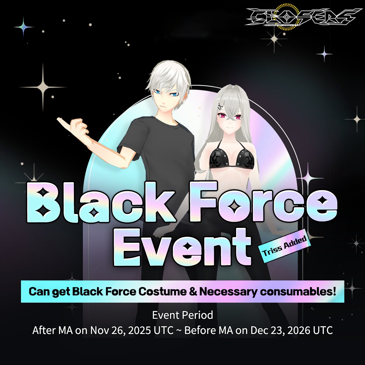 ClosersGame's tweet image. Clear eligible dungeons to earn Black Coins &amp;amp; exchange them for exciting rewards ⚔️ 

Unlock Black Force &amp;amp; Moon Rabbit costume pieces &amp;amp; power up your style!

🗓️After MA Nov 26 - Before MA Dec 23, 2025 UTC
🔗reurl.cc/GGx9RW

#BlackForceEvent #ClosersOnline #closers #naddic