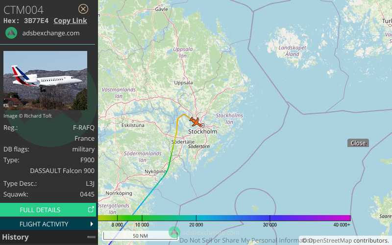 🛬 Le DASSAULT Falcon 900 F-RAFQ CTM004 de la flotte de l'ET 060 a éte détecté près de l'aéroport Stockholm Bromma Airport (BMA/ESSB) - Suivi: globe.adsbexchange.com/?hideSidebar&h…