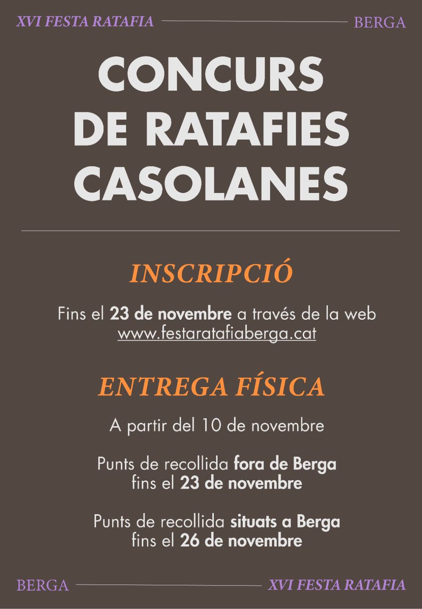 Com ja és tradició, pels volts de l'última setmana de novembre, Berga s'engalana per celebrar la Festa de la Ratafia! 🍷🍻

Fira, tastos, concerts, concursos, xocolata i molta RATAFIA! 😍

Us hi esperem! 
#PaïsosCatalans #Berga #Berguedà #Ratafia