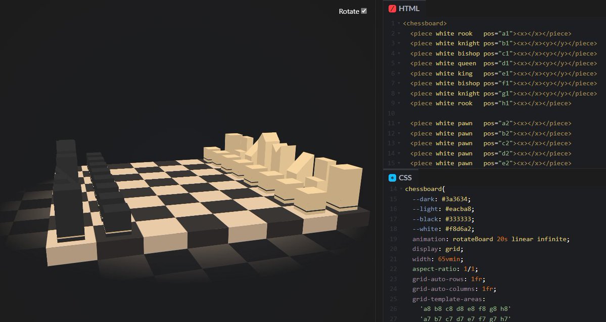markboots's tweet image. Had some spare time and created this CSS-only 3D Chess Board. Check it out on @CodePen. Free to fork and heart
▶ codepen.io/MarkBoots/pen/…

#css #css3d #chess #chessboard #codepen