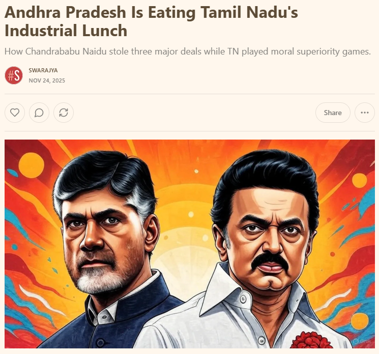 SwarajyaMag's tweet image. Tamil Nadu just lost ₹1,720 crore and 20,000 jobs to a town called Kuppam. 

Not because Kuppam has better ports. Not because it has more skilled workers. But because Tamil Nadu’s Industries Minister prefers Twitter optics over closing deals.

#SharpBySwarajya | Read how Tamil…