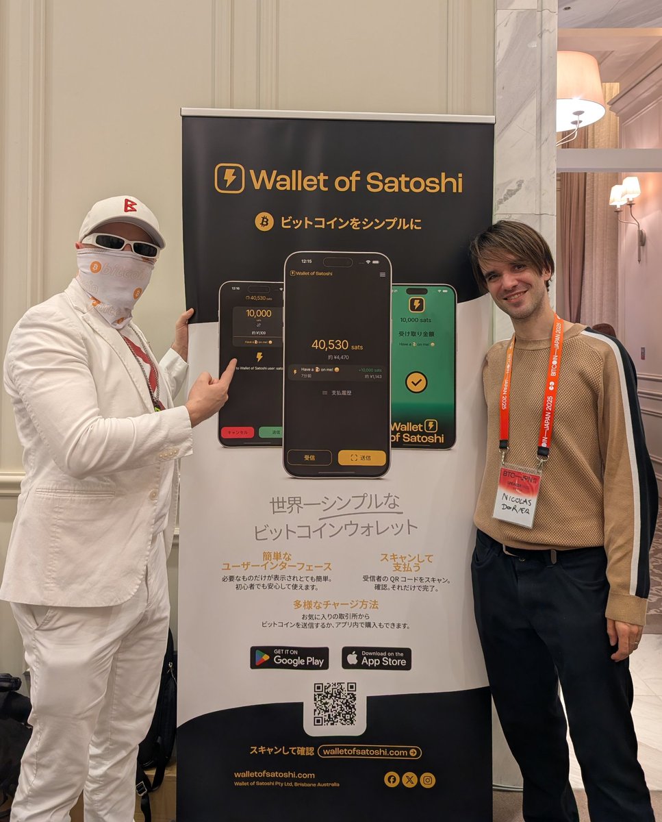 r0ckstardev's tweet image. Visiting cool @walletofsatoshi booth here at @TheBTCJapan with Emperor @NicolasDorier 🙌

They&apos;re onboarding people onto Bitcoin and sending sats right away for prizes you win!