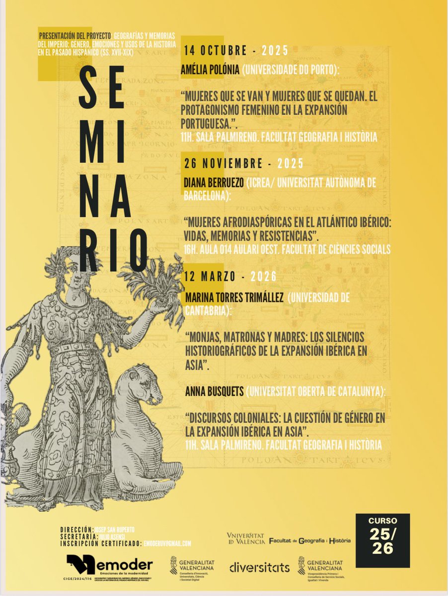 emoderUV's tweet image. ✨ Este miércoles 26 de noviembre, 16h (📍Aula 014, Aulari Oest – F. de Ciències Socials UV) 🔗Nos acompaña Diana Berruezo (ICREA–UAB) para 🗣️:
“Mujeres afrodiaspóricas en el Atlántico ibérico: vidas, memorias y resistencias”.
🖤🌍 Una cita imprescindible ⬇️