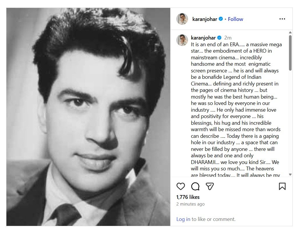 ANI's tweet image. Veteran actor Dharmendra | Film director Karan Johar posts on Instagram - &quot;It is an end of an ERA….. a massive mega star… the embodiment of a HERO in mainstream cinema… incredibly handsome and the most  enigmatic screen presence … he is and will always be a bonafide Legend of…