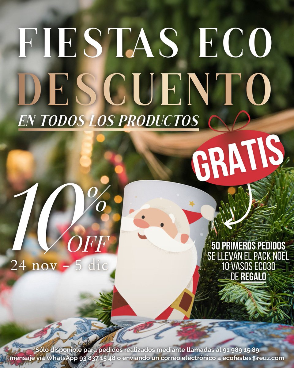 Fiestas ECO con el 10% de descuento en TODOS nuestros productos 🎅 ✨️

Personalízalos a tu gusto: vasos, copas, platos, tazas, jarras... más de 70 variedades REUTILIZABLES a elegir♻️

🎁¡Los primeros 50 pedidos se llevan el Pack Noel con 10 vasos ECO30 de regalo!

#Gratis #ECO