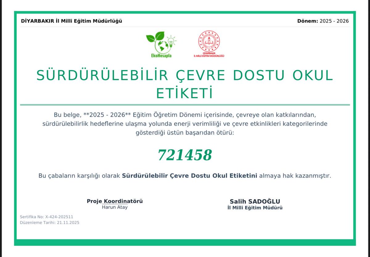 Sur Cemil Özgür İlkokulu olarak EkoHesapla projesi kapsamında "Sürdürülebilir Çevre Dostu Okul" etiketimizi aldık. <a href="/tcmeb/">Millî Eğitim Bakanlığı</a> <a href="/Diyarbakirmem/">Diyarbakır İl Millî Eğitim Müdürlüğü</a> <a href="/SurMilliEgitim/">Sur İlçe Milli Eğitim Müdürlüğü</a> <a href="/sadoglu_salih/">Salih Sadoğlu</a>  <a href="/ErnezDemir/">Demir Ernez</a>