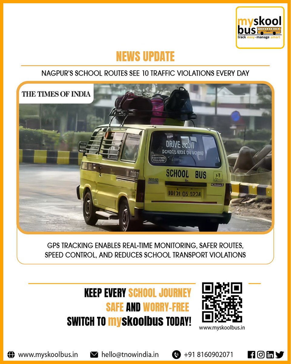 myskoolbus's tweet image. Nagpur’s school routes face daily traffic violations — but safer journeys are possible. With myskoolbus, schools get real-time GPS tracking, safer routing, speed control, and complete visibility for every trip.

#myskoolbus #SchoolSafety #GPSTracking #SafeTransport