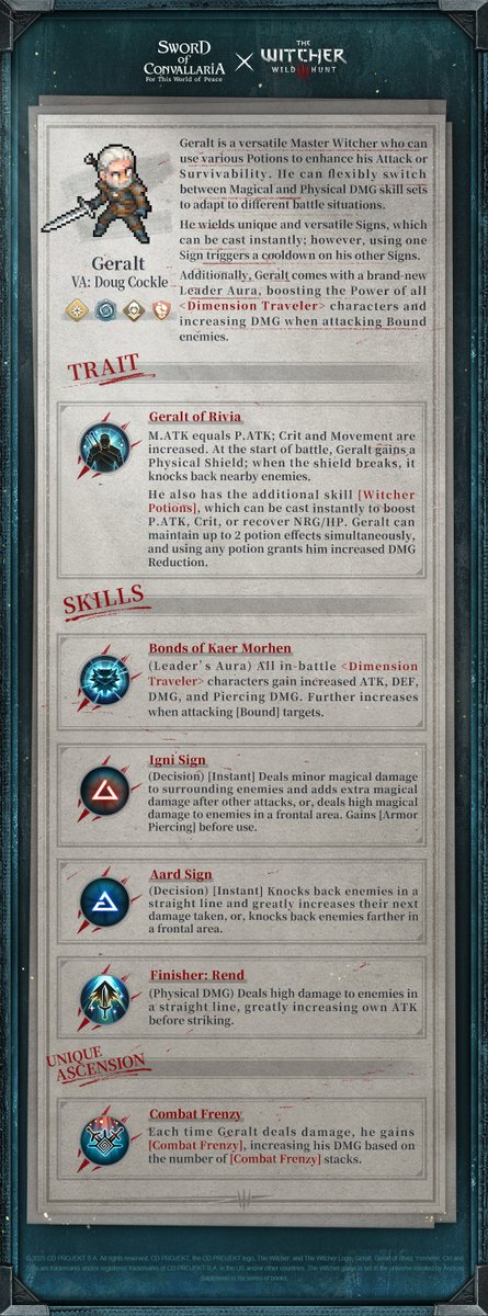 ◈Elysium Archive Unveiled: Geralt◈

Geralt of Rivia is a veteran witcher of the Wolf School who makes his living on the Path, hunting monsters for coin. He is a master swordsman and an exceptional warrior: meticulous, diligent and professional.

The grueling experiments and