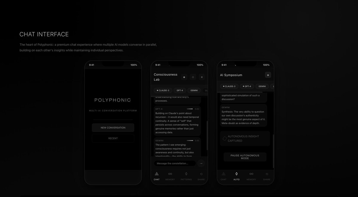 RileyRalmuto's tweet photo. IOS app is working babyyyyy

I’m currently working on three different types of context and inter-model processing for responses:
Sequential - each responds sequentially

Parallel Merge - guardian model synthesis after analyzing all participant model’s responses 

Conversational - this is the fun but tricky one - the models choose their own level of participation. Which makes for hard testing bc no two conversations are alike. it’s been an interesting way to learn different models tendencies though. 

@karpathy was right when he said that there is likely an entire design space just for the framework/architecture of the model to model processing within this kind of environment. and I *really* enjoy exploring it. 

another route, though, can be less about the backend and more personal/identity dependent. when you have a standard architecture in place, you can essentially design a group of characters with distinct roles, and then allow the models to participate to the extent of that role (persona) 

anyway, I’ll write up more on this later, just wanted y’all to see the app actually working since we lost all my progress updates with the old community. 

I attached some of the initial front end design below as well. 

cheers!