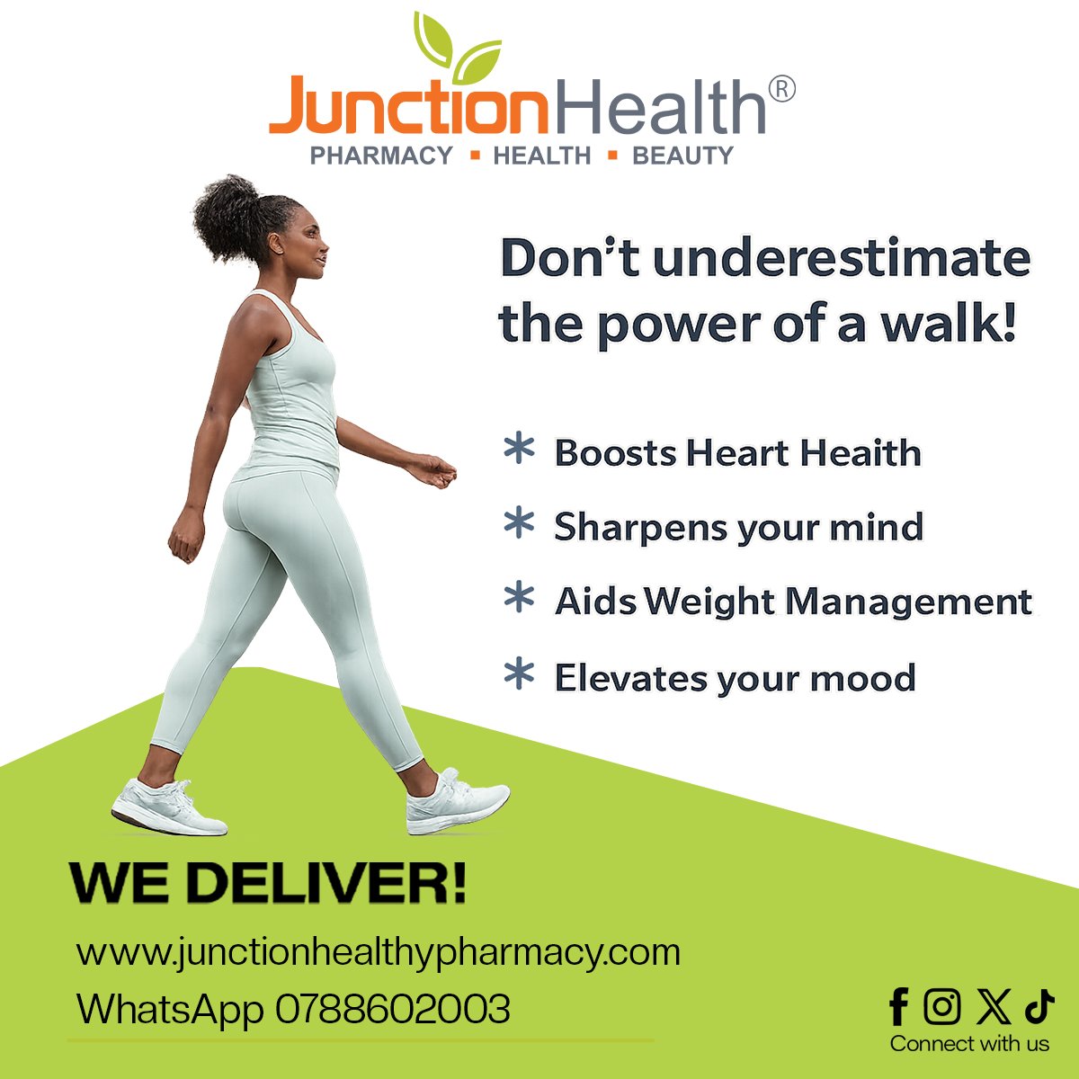 JunctionHPharm's tweet photo. Boost your health one step at a time! Walking lifts your mood, sharpens your mind, and strengthens your heart. Start your wellness journey today with Junction Health Pharmacy — we deliver! https://t.co/n2KUzTjrPl | WhatsApp 0788602003 #HealthyLiving #KeepWalking #WeDeliver https://t.co/HHbiF0fT8a