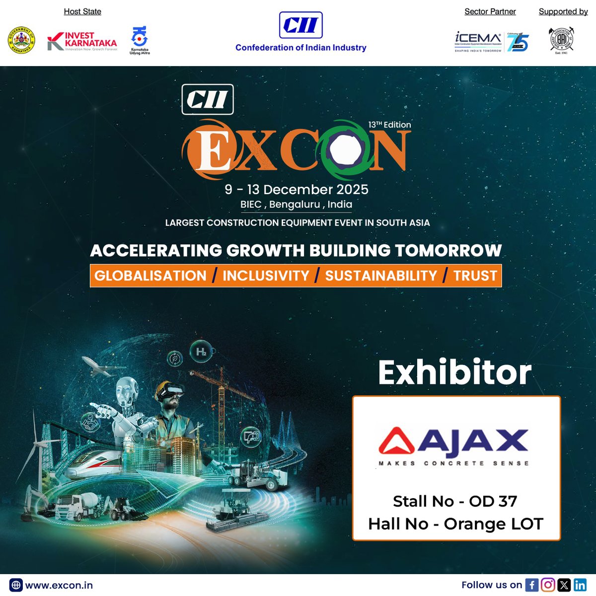 CII_Excon's tweet image. We’re delighted to welcome AJAX Engineering to EXCON 2025! Explore their advanced concrete machinery and solutions designed to boost on-site efficiency and precision.
📍 Stall OD 37 | Orange Lot
🌐 excon.in

#EXCON2025 #AJAXEngineering #ConstructionEquipment…