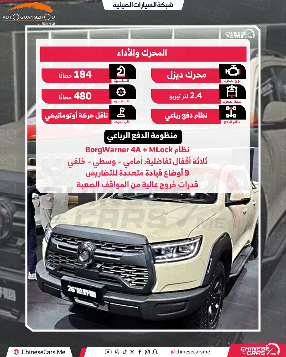 🚙 جريت وول تكشف باور كانون 2026 الطرق الوعرة في معرض قوانغتشو

إطلاق رسمي لنسخة الطرق الوعرة 2026 بسعر يبدأ من 179,800 يوان.

تجهيزات وعرية تشمل سنوركل وصدام أمامي قوي وحواف عجلات معززة.

ونش T-MAX قياسي مع نظام تحكم لاسلكي.

منظومة دفع رباعي BorgWarner 4A + MLock مع ثلاثة