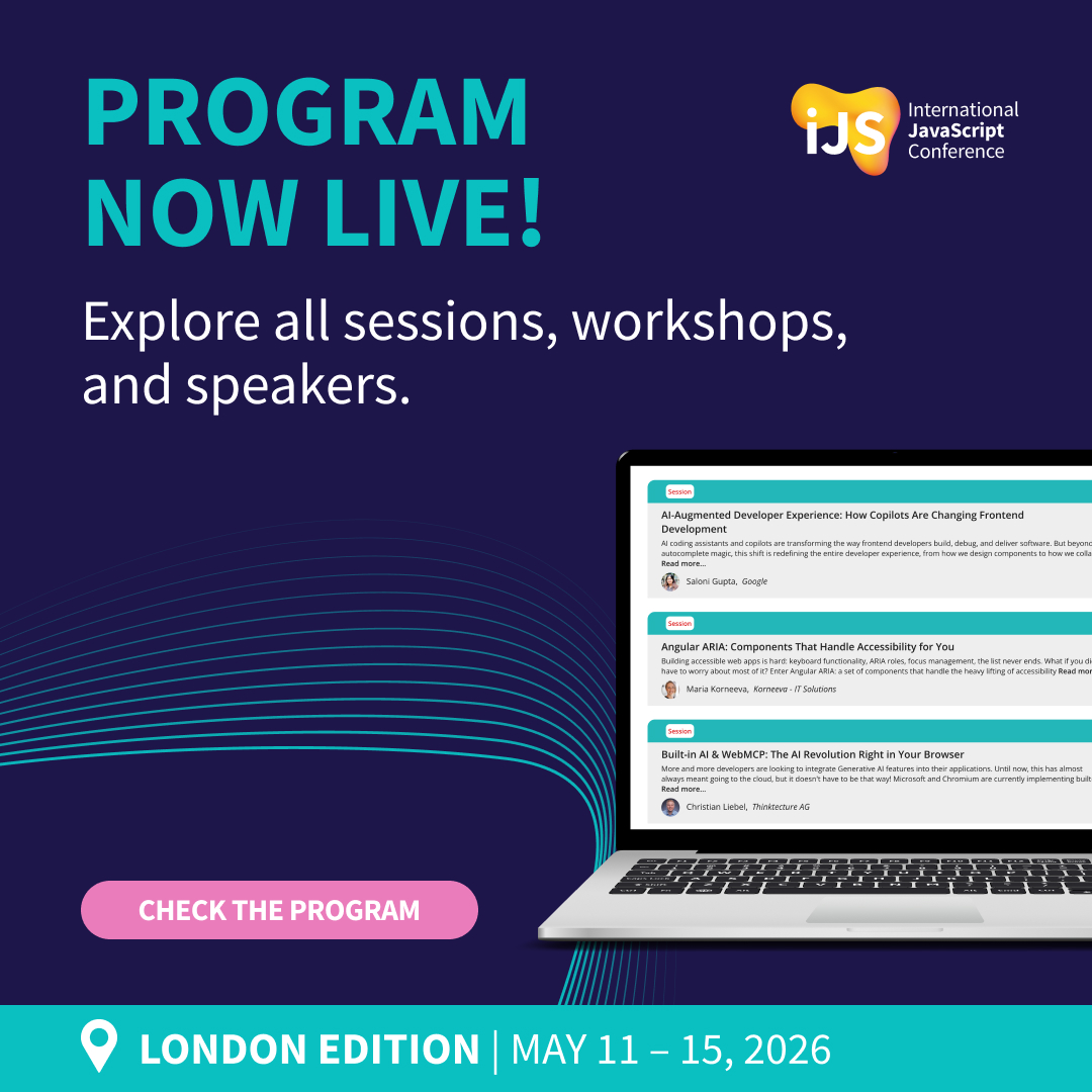 JavaScriptCon's tweet image. 🎉 The iJSCon London 2026 program is here!
Discover the latest trends in JavaScript, frameworks, performance, and web development. Start exploring sessions, workshops, and keynotes that will level up your JS skills!

🔗 f.mtr.cool/pltlpmkhwm

#iJSCon #iJSConLondon #JavaScript…