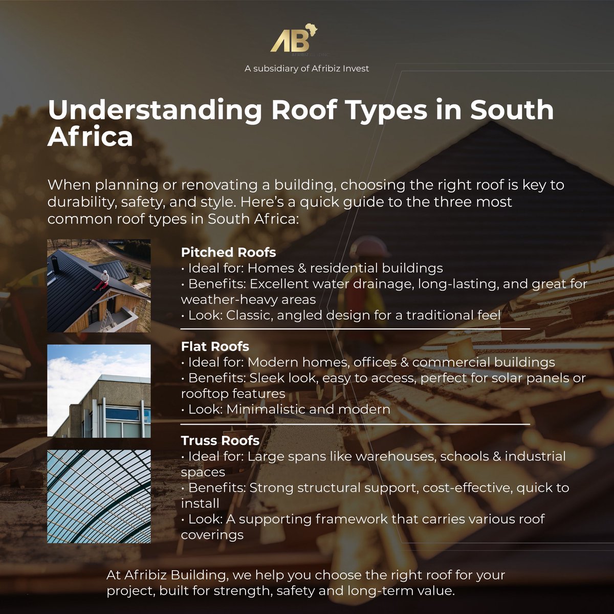 AfribizBuild's tweet image. Pitched, flat, or truss roof? 
Here’s what each means for your project.
Afribiz Building helps you choose smart and build strong.
#RoofTypes #ConstructionSA #AfribizBuilding