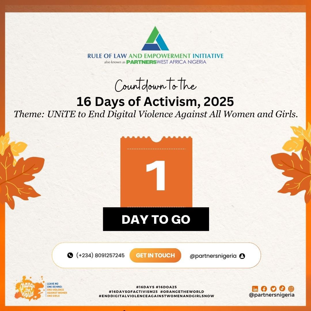 partnersnigeria's tweet image. 🚨 1 DAY TO GO! 🚨

Tomorrow marks the start of the #16Days of Activism Against Gender-Based Violence!
Nov 25 - Dec 10 | We unite to END Digital Violence  Against  Women and Girls.

Are you ready to take action? 🧡

#PWAN #partnersnigeria #16DaysOfActivism #EndGBV…