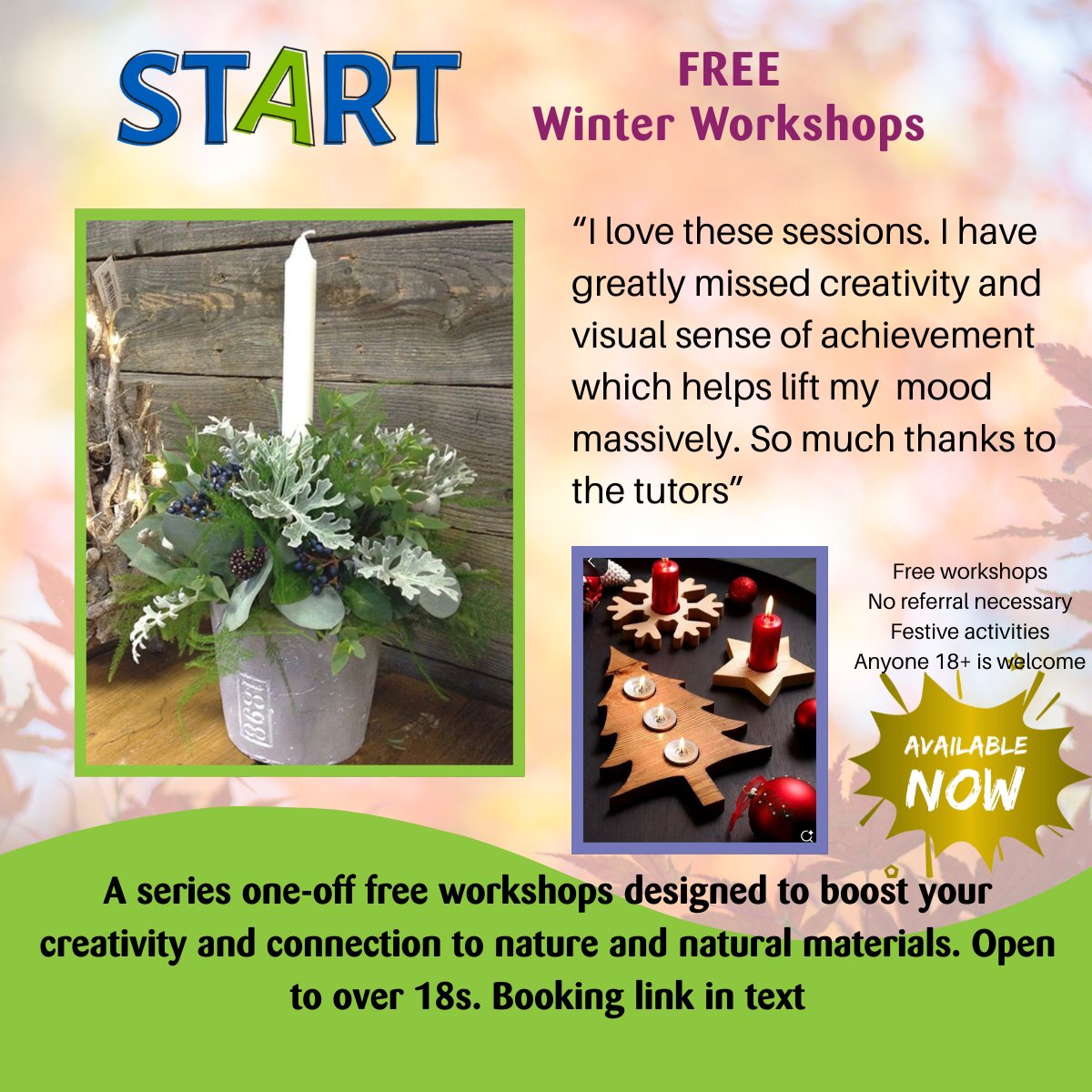 STARTinspminds's tweet image. “I love these sessions. I have greatly missed creativity and visual sense of achievement which helps lift my  mood massively. So much thanks to the tutors”

Free workshops
No referral necessary
Festive activities
Anyone 18+ is welcome

eventbrite.com/cc/free-winter…?