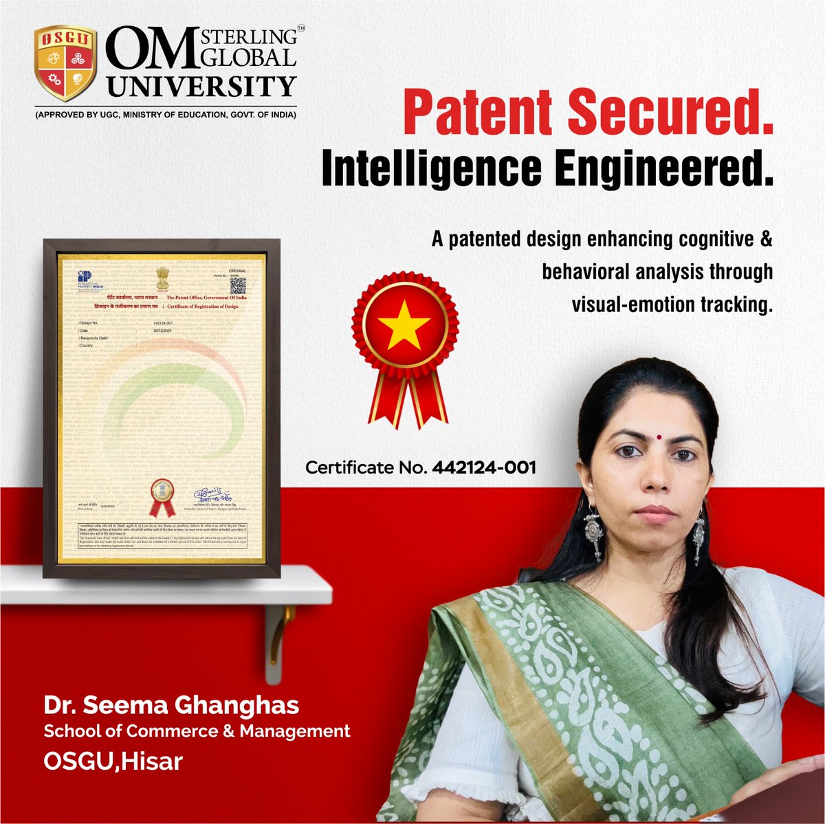 OSGUHisar's tweet image. Congratulations to Dr. Seema Ghanghas, Professor, School of Commerce and Management on the successful registration in Class 14-02 for the design application of “An Eye-Tracking Device with Facial Expression Analytics.”
#Innovation #DesignRegistration #TechInnovation #Research