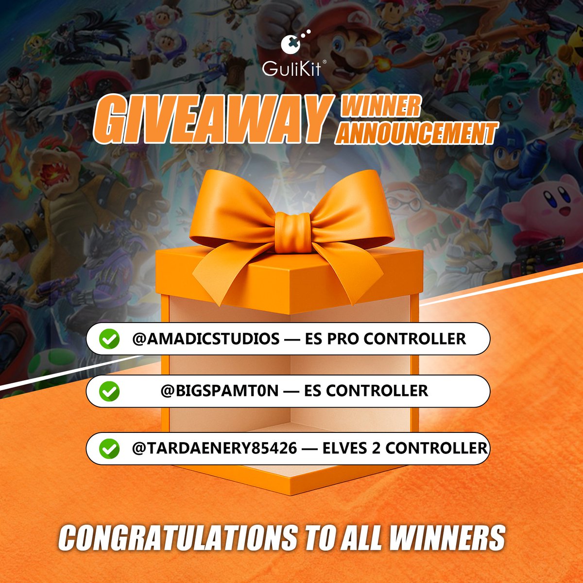 GuliKitDesign's tweet image. Giveaway Winners Announced! 
We’re excited to reveal the winners of our Smash players giveaway!
Congratulations to the lucky winners:
@aMadicStudios  (ES PRO Controller）
@BigSpamt0n  (ES Controller ）
@TarDaenery85426 ( Elves 2 Controller ）
Thank you to everyone who…