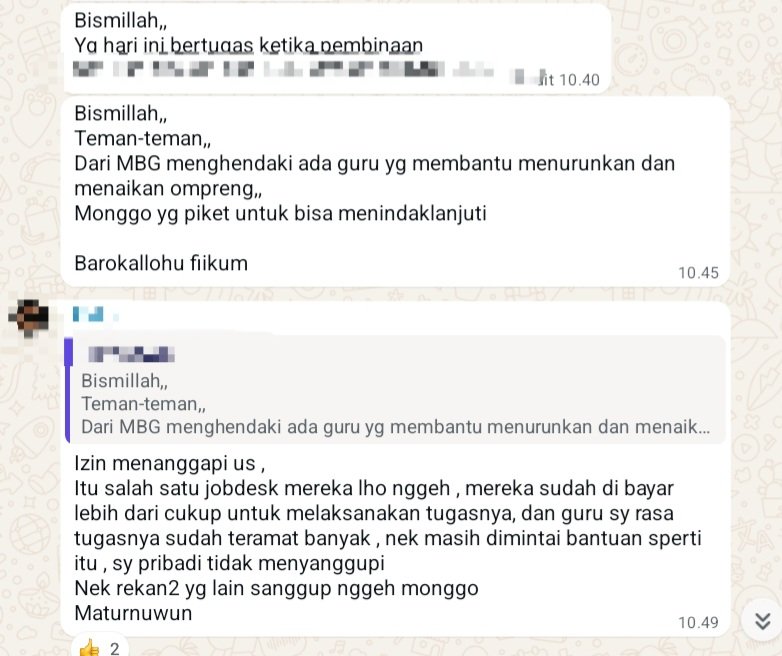Pihak MBG mulai nyuruh2 guru membantu naik turunin OMPRENG MBG, padahal pekerjaan guru padat banget disekolah, MBG juga datang tidak tentu datangnya, tiba nyuruh guru urus OMPRENG 

andai nggak dapat MBG pun sekolah kami siap kok,