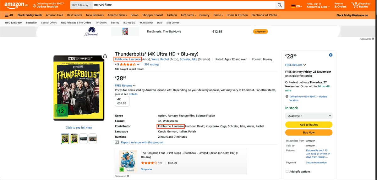 TanjaWho's tweet image. Breaking News  

#AmazonDE has an alternate version of the #Thunderbolts* movie available. This one has #LaurenceFishburne in it!   

amazon.de/-/en/Thunderbo… 

#NamesMatter #RespecttheArtist #GloriousTypo #AmazonFail #QAFail #metadatafail