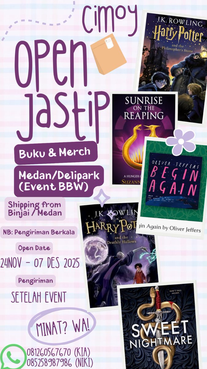 secretiveoddie's tweet photo. Halo teman-teman, aku buka jastip untuk Event International Book Fair BBW Medan ya🧚‍♀️🧚‍♀️🧚‍♀️
Boleh masuk saluran untuk lihat² bukunya dulu!(BANYAK DISKON TENTUNYA!)👻👻🥰🥰

#zonauang #zonajajan #BBW

https://t.co/oPfleWSZP7 https://t.co/slyr5hlo90