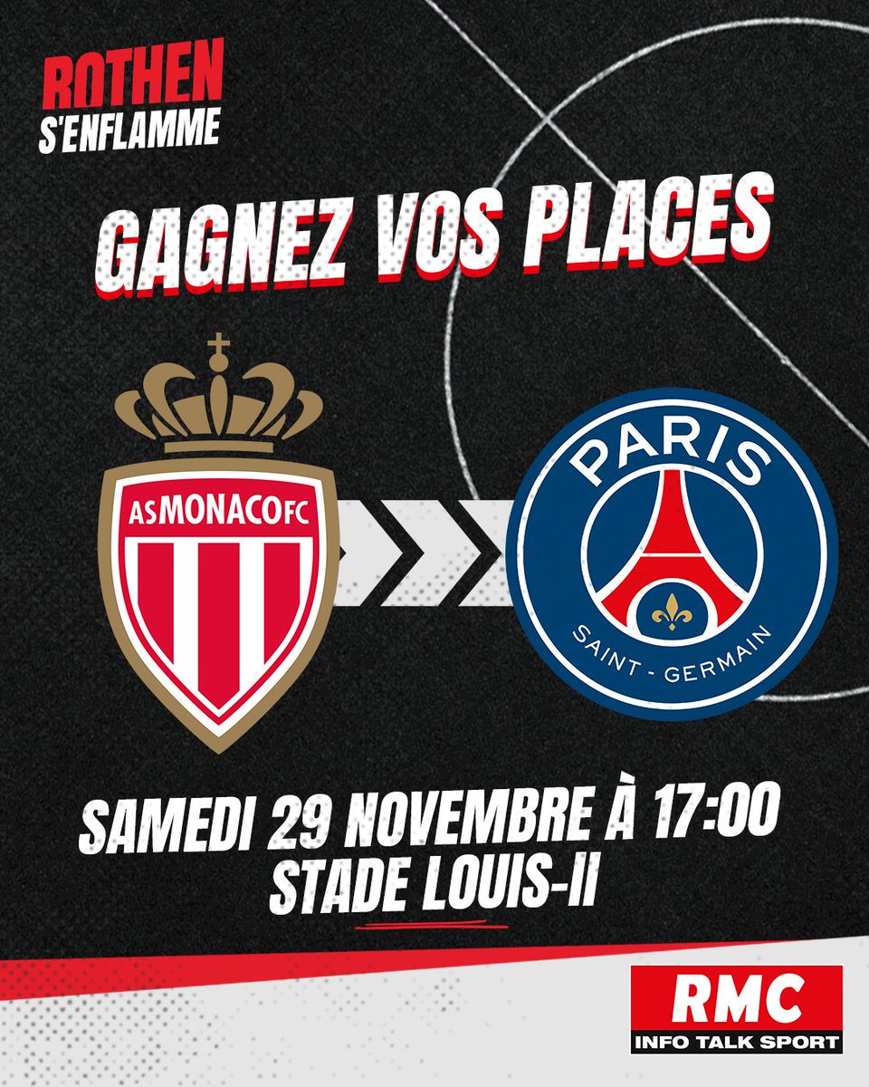 🎁 JEU CONCOURS

🎟️ Tentez de remporter vos places pour assister au match AS Monaco - PSG le samedi 29 novembre à 17h pour la 14e journée de Ligue 1.

🍀 Pour participer, RT + Follow <a href="/Rothensenflamme/">Rothen s'enflamme</a>, et commente ton prono.