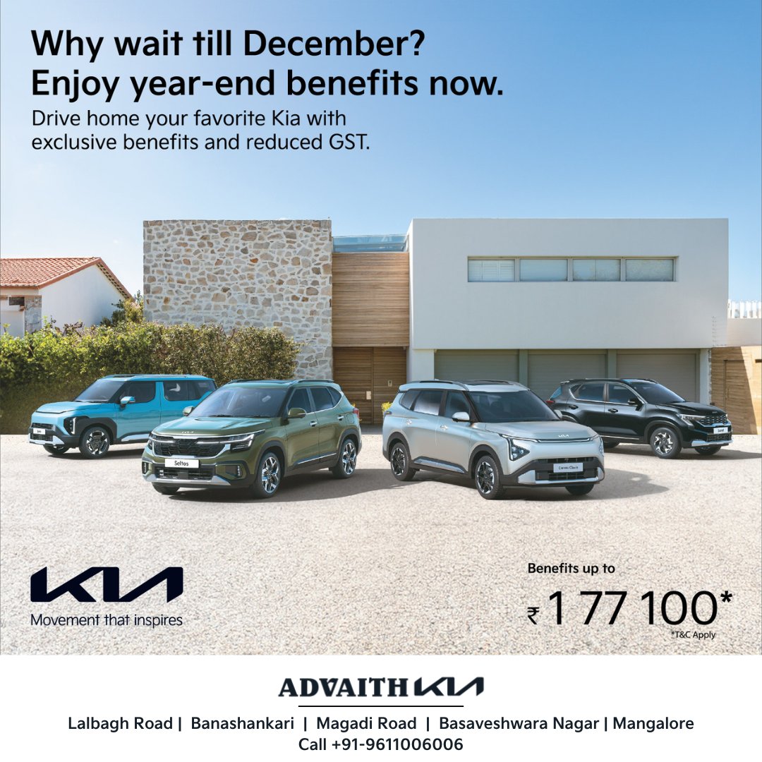 AdvaithKia's tweet photo. Enjoy Year-End Benefits Early! Drive Home Your Favourite Kia Today
Why wait till December?
Benefits up to ₹ 1,77,100*

Visit your nearest Advaith Kia dealership today.

For more details Call: 9611006006
https://t.co/lt8C8rGl5c
T&amp;C Apply*

 #Festivebenefits #kiayearendoffers https://t.co/lRxlqFNDqj