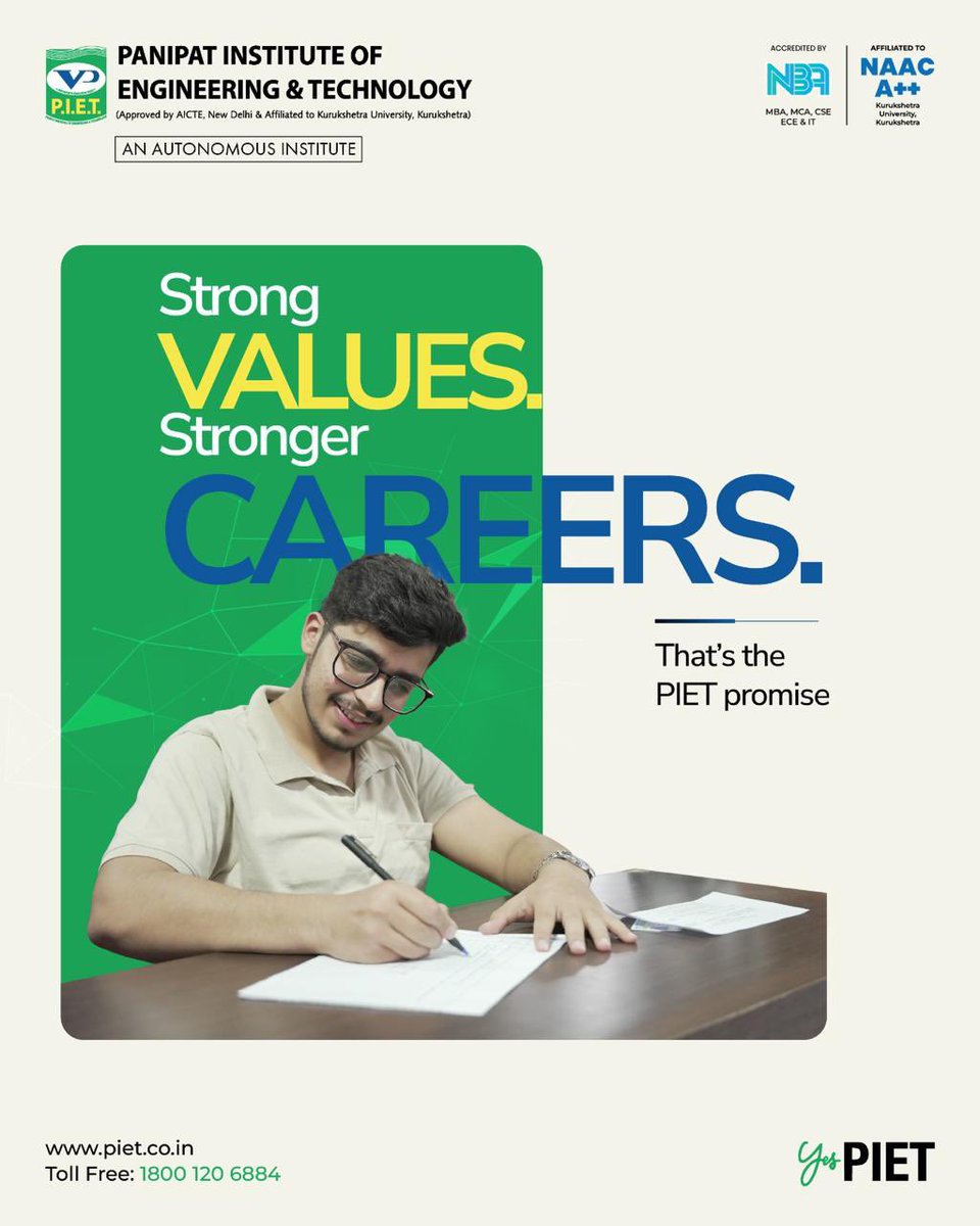 PIETPanipat's tweet image. Building values today to build careers tomorrow.
Learning, growing, and stepping confidently into the future — that’s the spirit of PIET. ✨📚

#PIET #PanipatInstitute #EngineeringCollege #EducationMatters #FutureReady #StrongerCareers #StudentLife #CampusLife