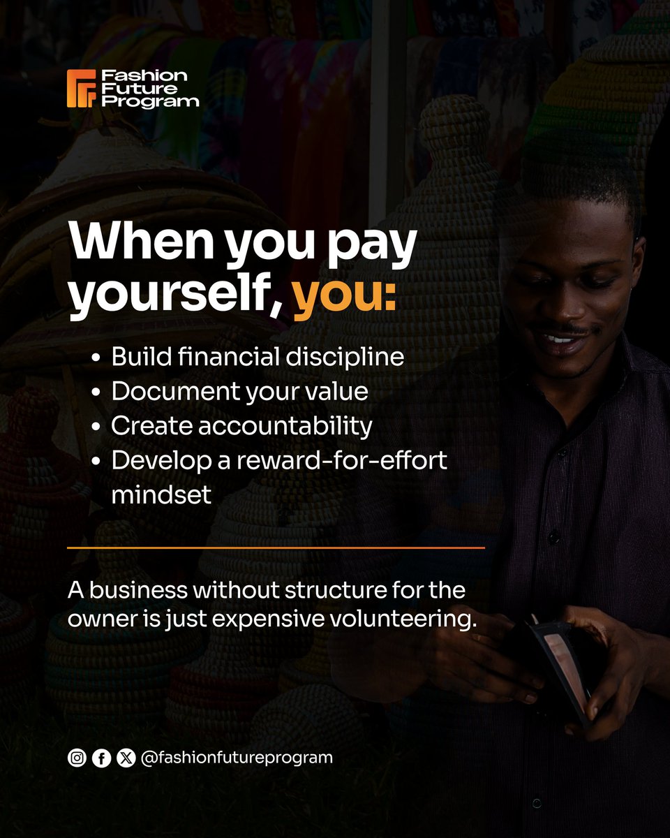 fashionfuturep's tweet image. Entrepreneurs, hear this:
If you never pay yourself, you’re not running a business. You’re running on fumes.

Take something from every sale. Build the habit.
Pay yourself first. Your future will thank you.

#FashionFutureProgram #EntrepreneurTips #BuildSmart #BusinessGrowth