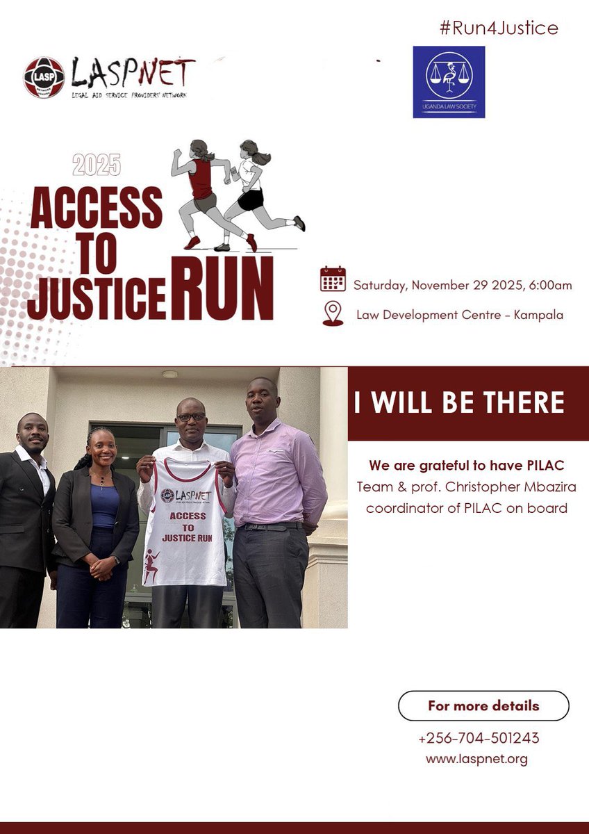 Baram_256's tweet photo. The countdown is almost over. 
Join us this Saturday,  29th at the Law Development Centre  for the 2025 Access to Justice Run.

Proud to see  Prof. Christopher Mbazira onboard as we champion equal access to justice for all.
Let’s #Run4Justice and make every step count. https://t.co/ORwbvsG9Hq