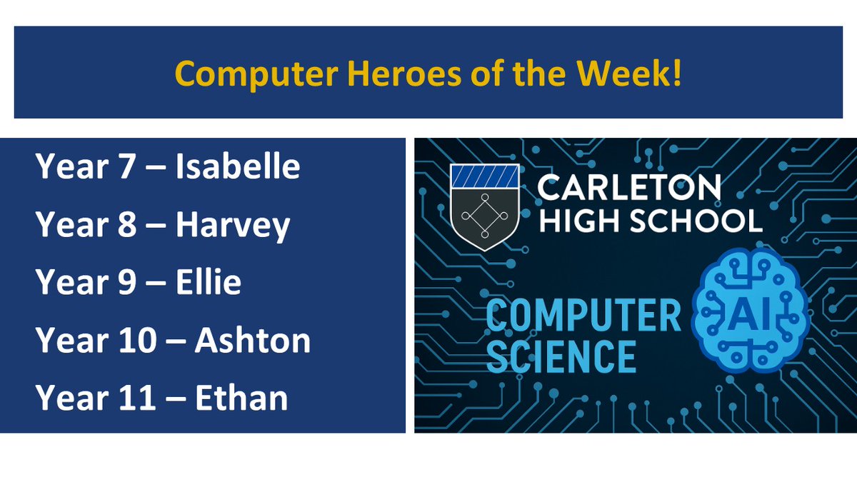 PATCarletonHigh's tweet image. A shout out from Mr Todd for CHS&apos;s #ComputerHeroes of the week - well done to these students for their hard work in Computer Science last week.
#CHSComputerScience
