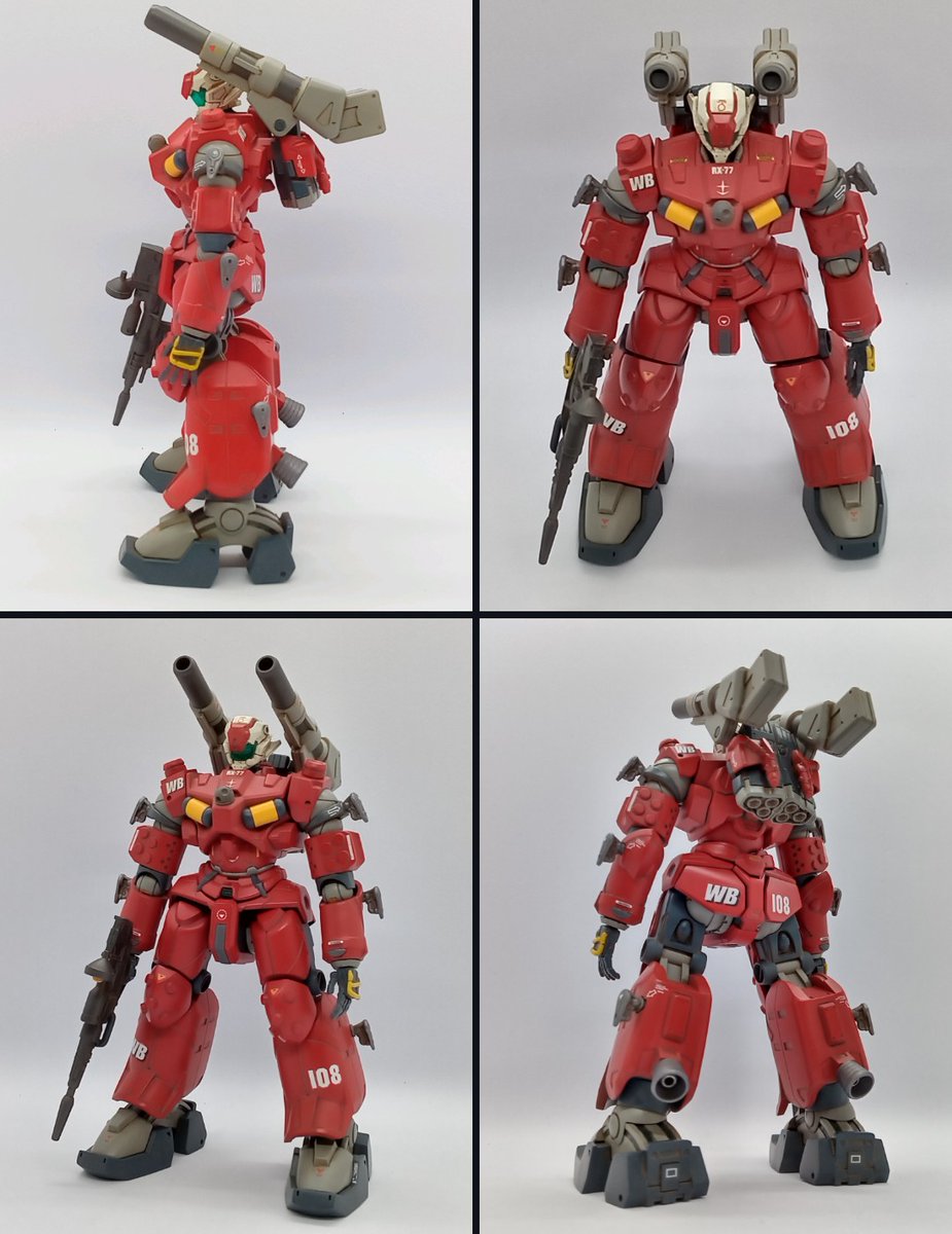 snufkinsnufkin's tweet image. How to build ガンキャノンGQ その10
【本体完成編】2025/08/31

赤は少し濃い目のMSレッドベースのものにしました。グレーはプラボムさんのフレームグレーとウェポングレー。色味が抜群です！
カイ・シデン推しとしては、制式配備想定の108WB仕様を再現せずにはっ！😂
#GQuuuuuuX

オマケに続く↓