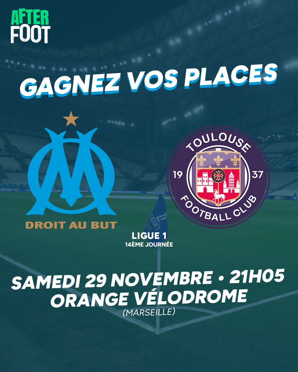 🎁 JEU CONCOURS

🎟️ Tentez de remporter vos places pour assister au match OM - Toulouse FC le samedi 29 novembre à 21h05.

🍀 Pour participer, RT + Follow <a href="/AfterRMC/">After Foot RMC</a>, et commente ton prono. 

🔥 Bonne chance !