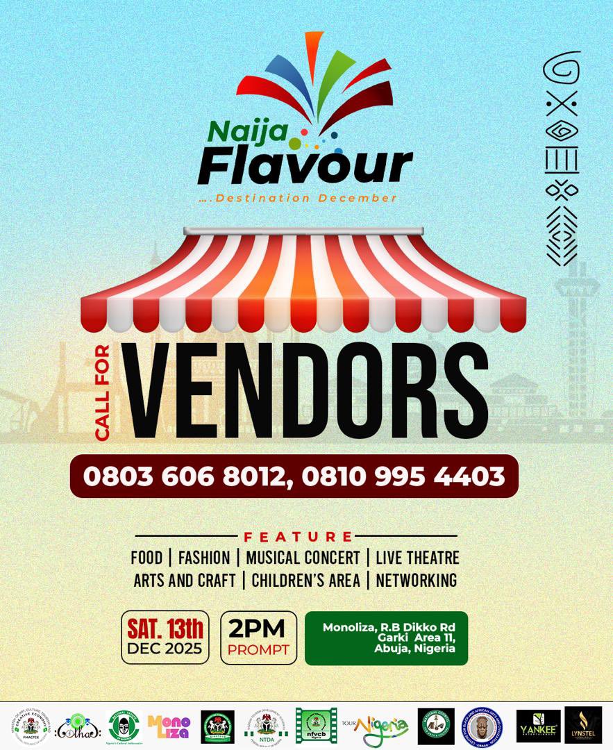 We’re now open for vendors.
Send us a message now via WhatsApp to get started.

<a href="/Fmactce_Nigeria/">FMACTCE_Nigeria</a> <a href="/dgntdc/">NTDA</a> <a href="/tournigeriang/">Tour Nigeria</a> <a href="/OlaAwakanTVC/">Ola Awakan GrPr</a> <a href="/NIHOTOUR_NG/">NIHOTOUR Nigeria</a> <a href="/Saltofdworld/">Aare (Dr) Abisoye Fagade</a>   <a href="/MonolizaAbuja/">Monoliza</a> <a href="/whitenigerian/">Mohammed Jammal</a> <a href="/mallamyankee/">Yankee Entertainment</a> 

#NaijaFlavour #DestinationDecember #NTDA #DettyDecember2025