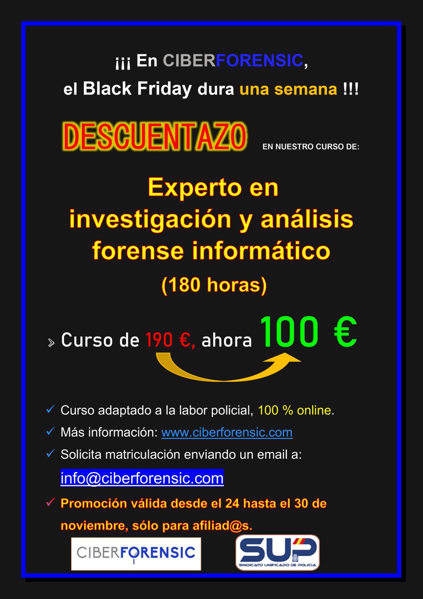 sup_formacion's tweet image. 📢Promoción #BlackFriday @ciberforensic 
Ahórrate 9⃣0⃣ euros, sólo hasta el 30-11-2025
En uno de sus cursos estrella,
Análisis #Forense Informático
#SUPLíderEnFormación
100% #online (180 horas)
No dejes pasar esta oportunidad ⤵️
supformacion.es/?p=7586&amp;amp;previe…