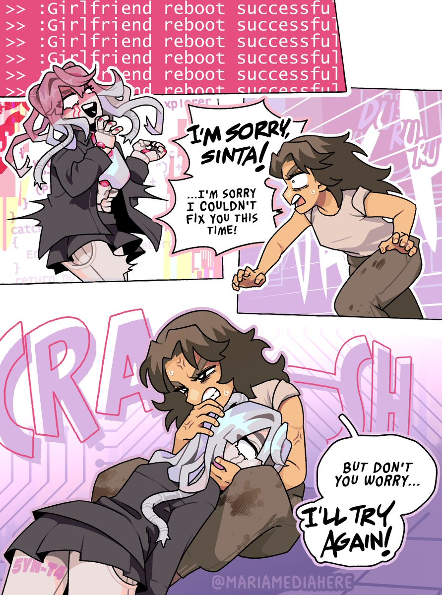 MariaMediaHere's tweet image. &quot;Help! I Keep Turning Off My Girlfriend! :(&quot;
🤖🔪🏳️‍🌈
(a toxic yuri, yandere robot girlfriend short comic)