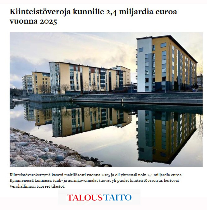 Veronmaksajat's tweet image. Tuuli- ja aurinkovoimaloista kertyvän kiinteistöveron määrä on kasvanut vauhdilla viime vuosien aikana, mutta sen vaikutus koko maan tasolla on edelleen suhteellisen pieni, noin 2,3 % koko maan kiinteistöverotuotosta. Lue lisää, linkki kommenteissa 👇
#kiinteistövero #kunta