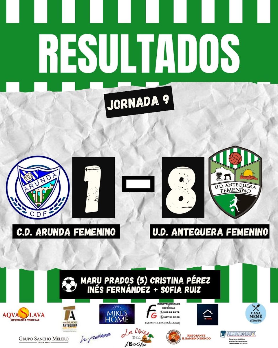 🔥 Resultado SENIOR:

¡VICTORIA! Goleada a domicilio que reafirma la buena racha del equipo y da una alegría y recompensa el trabajo 👏🏼 ¡Seguimos! 😁💚🤍

#CDRonda 1-8 #UDAntequeraFem

✅ +3 ptos

#LucharJugarYGanar💚🤍