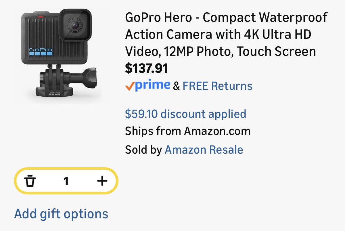 LordOfRestocks's tweet image. [USED - LIKE NEW] GoPro Hero - Compact Waterproof Action Camera with 4K Ultra HD Video, 12MP Photo now $137.91 via Amazon

🏷️ Save An Extra 30% Off Sold By Amazon Resale Products! Check Other Sellers For Extra 30% Off Tag!

🔗 - amzn.to/4prhXqh

#LRDeal | #AD