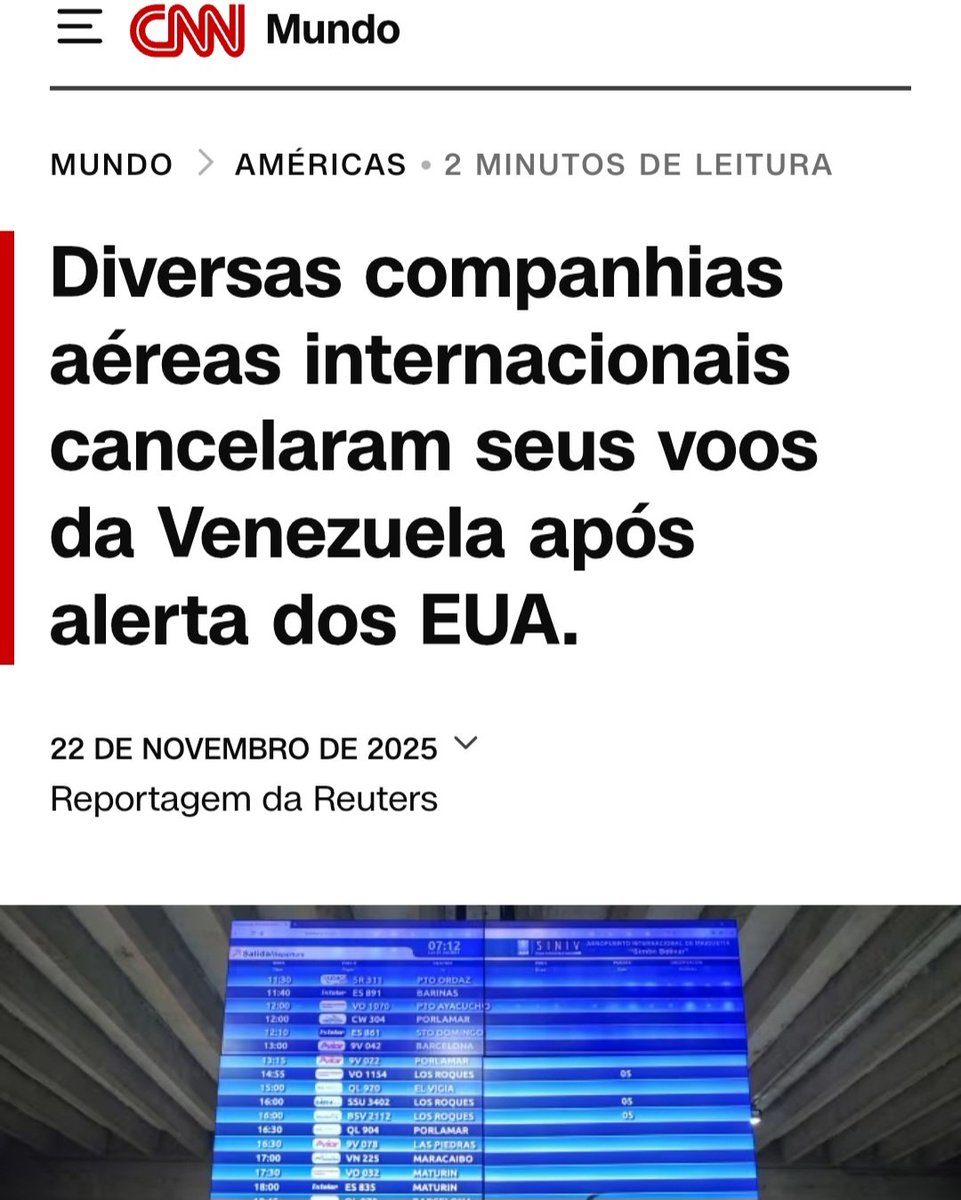 bbbrezenski's tweet image. Não passa nenhum avião mais sobre a Venezuela depois que os EUA emitiram 🚨 ALERTA DE SITUAÇÃO POTENCIALMENTE PERIGOSA.

Ou seja, os EUA bloquearam o mar, e agora o espaço aéreo da Venezuela, isso é antes de tudo um embargo total.

Uma nação externa está se preparando para atacar…