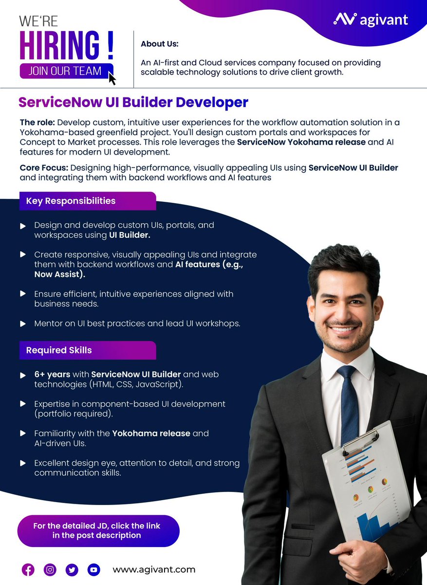 AgivantTech's tweet image. Agivant is seeking a ServiceNow UI Builder Developer (6+ years experience) to create high-performance, visually appealing UIs for workflow automation.

Apply Now: agivant.zohorecruit.in/jobs/AgivantCa…

#ServiceNowConsultant #UIExpert #DesignAndDevelopment #CareerOpportunity #Hiring