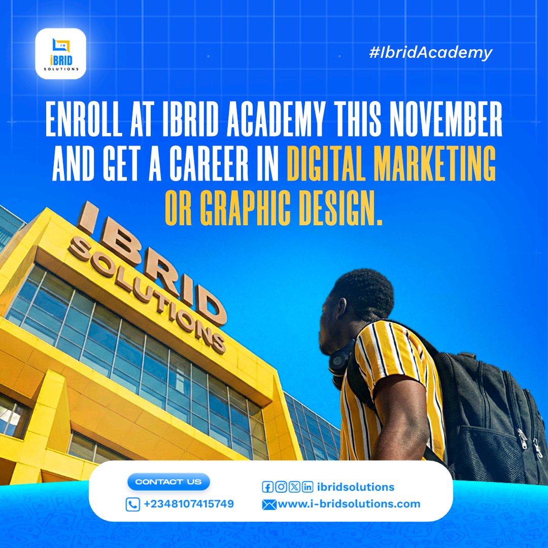 ibrid_solutions's tweet image. Don’t wait for opportunities. Create them. Start your Digital Skills journey this November at Ibrid Academy.
#IbridAcademy #DigitalSkills #GraphicDesignTraining #IbridSolutions #TechSkills #SkillUp #CareerGrowth #DigitalEducation #NewMonthNewSkill #NigeriaTech #viralvideo