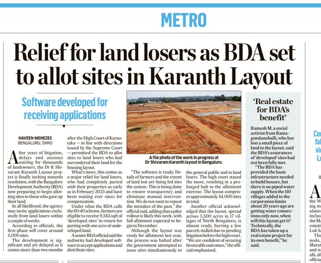 naveenmzs's tweet image. Karanth Layout finally moves! 

Big relief for land losers, who gave up their farmland for the layout about two years ago. 

Now, BDA is set to allot sites through new digital platform.

No decision on allotting sites to the public as matter is still in court