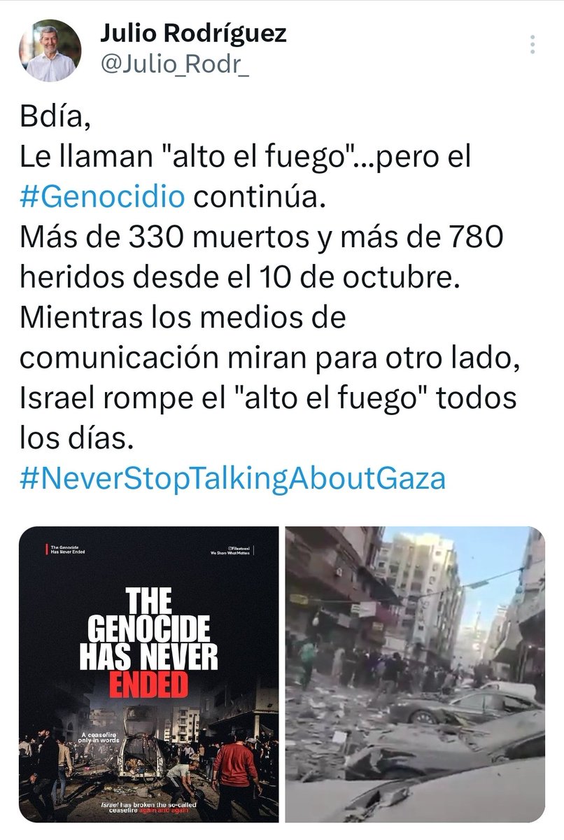 Hay que insistir.
Porque "X" se empeña en silenciar la realidad diaria de un #genocidio que continúa.
Parece que es poco lo que podemos hacer...pero muchos pocos...
Palestina merece que se le recuerde todos los días 👇🏻👇🏻