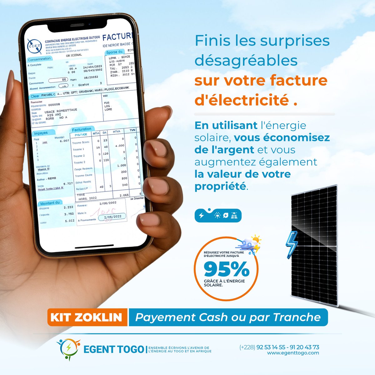 Finis les surprises désagréables sur votre facture d’électricité.
Commencez la semaine du bon pied : choisissez une énergie fiable, propre et qui protège votre budget. 
EGENT TOGO vous accompagne.
#Kit #Zoklin #Solution #Solaire