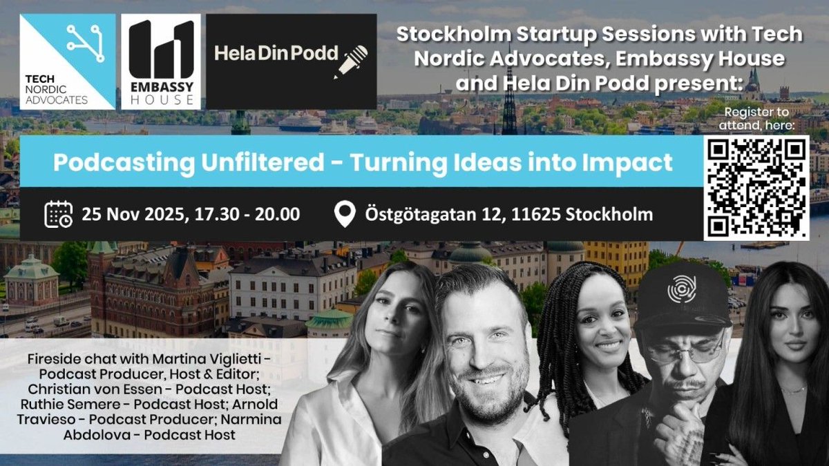 TechNordicAdv's tweet image. 🇸🇪  Stockholm Startup Sessions - next week! Join us for &quot;Podcasting Unfiltered - Turning ideas into impact&quot; featuring expert podcast hosts &amp;amp; producers who&apos;ll share their insights on how to launch and grow a podcast in 2026.
Grab a seat here: buff.ly/2ZoQ3p4