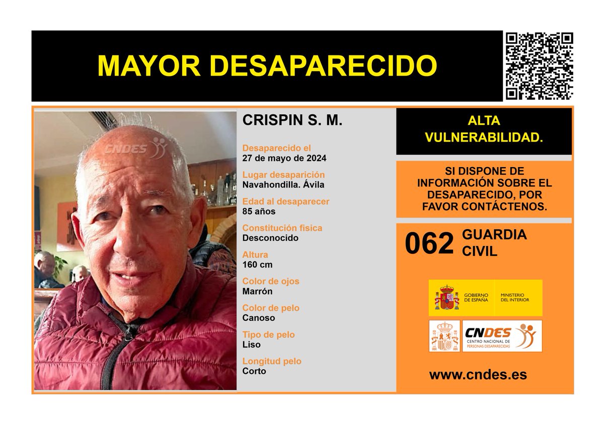 SIN RASTRO DE CRISPÍN

Crispín, 85 años, está #desaparecido desde el día 27 de mayo de 2024 en #Navahondilla #Ávila

#TodoYTodosPorEncontrarlo